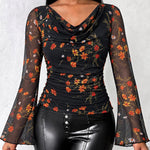 Women's Vintage Floral Mesh Cowl Neck Ruched Side Flare Long Sleeve Top