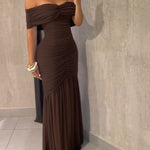 Foldover Off Shoulder Ruched Cinched Waist Minimalist Evening Dress Slim Fit Mermaid Hem Party Dress