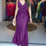Deep V-Neck Braided Straps Twist Front Cinched Waist Evening Dress Casual Zipper Back Mermaid Hem Satin Maxi Dress