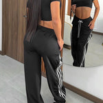 Contrast Side Striped & Zipper Slit Side Drawstring Elastic Waist Trousers Casual Wide Leg Pants