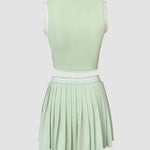 2 Pieces Outfit Round Neck Sleeveless Crop Tank Top and Elastic Waist Pleated Mini Skirt Set Casual Contrast Paneled Set