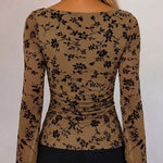 Women's Vintage Flocked Floral Mesh Top Boat Neck Ruched Flare Long Sleeve Tee