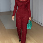 2 Pieces Outfit Cowl Neck Lace Spliced Long Sleeve Top and Elastic Waist Wide Leg Pants Set Casual Glitter Set