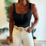 U-Neck Sleeveless Half Button Front Tank Slim Fit Backless Knit Waffle Tank Top