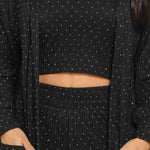 3 Pieces Outfits Cozy Comfort Glitter Long Sleeve Longline Coat and Cropped Ribbed Knit Tank Wide Leg Pants Set