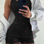 2 Pieces Outfit Heart Print U Neck Sleeveless Tank Top And Casual Strechy Waist Shorts Set Slim Fit Ribbed Pajamas Set