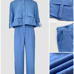 2 Pieces Outfit Turn-down Collar Turn-Up Sleeves Button Front Flap Pockets Design Top and Causal Zipper Fly Elastic Back Waist Wide Leg Pants Set