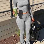 CHICME Women's 2-Piece Rib-Knit Set Long Sleeve Slim Fit Top and High Waist Flare Leggings Solid Lounge Set