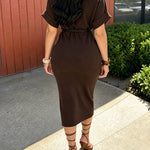Women's Mock Neck Ribbed Knit Midi Dress Short Sleeve Turn-Up Cuffs Work Dress with Belt
