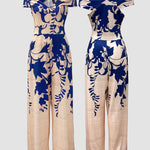 Floral Print Off Shoulder Sleeveless Deep V-Neck Jumpsuit Casual Zipper Side Wide Leg Jumpsuit
