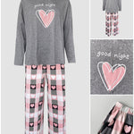 2 Pieces Outfit Good Night Slogan Print Long Sleeve Top and Plaid Print Elastic Waist Pants Set Casual Heart Print Pajamas Set