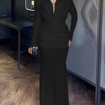 Cowl Neck Ruched Zipper Back Slim Fit Maxi Dress Casual Padded Shoulders Backless Evening Dress