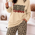 Women's Two Piece Pajamas Set Christmas Letter Print Long Sleeve Top and Leopard Pants with Pockets