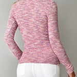 Waffle Knit Multicolor Round Neck Long Sleeve Half Zipper Design Top