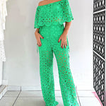 2 Piece Floral Pattern Off the Shoulder Batwing Sleeve Hollow-out Top Straight Leg Pants Elegant Pants Set