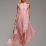 Comfortable And Elegant Halter Neck Sleeveless Slit Chiffon Maxi Dress