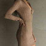 Camel Brown V-neck Half-Zip Cable Knit Sweater Dress