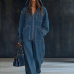 Casual Loose Retro Pocket Long Sleeve Hooded Zipper Denim Jumpsuit