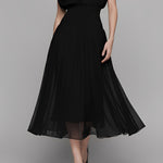 Women's Jet Black Chiffon Dress With Cap Sleeves & Smocked Waist, Modern Effortless-Chic Style Dress