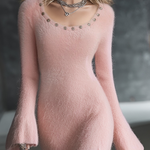 Romantic Square Neck Button Bell Sleeve Pink Seahorse Knit Mini Dress