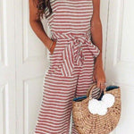 Margovil Crewneck Sleeveless Bow Knot Wide Leg Striped Jumpsuit