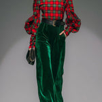 Trendy Retro Plaid Velvet Turtleneck Long-sleeved T-shirt And Wide-leg Pants Set