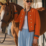 Women's Orange Military Jacket Double-Breasted Gold Button Oversized Band Coat
