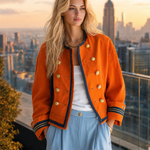Women's Orange Military Jacket Double-Breasted Gold Button Oversized Band Coat