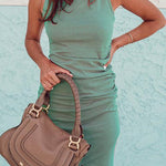Margovil Solid Ruched Sheath Sleeveless Dress