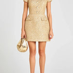 Gold Standard Tweed Fabric Pearl Button Short Sleeve Pocketed Mini Dress