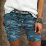 Margovil Elastic Waist Buttons Skinny Camo Shorts