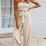 Margovil Off Shoulder Bow Tie Waist Wide Leg Jumpsuit