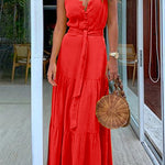 Margovil Buttons V Neck Sleeveless Tie Waist Maxi Swing Dress