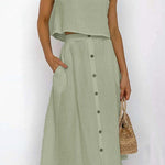 Margovil Sleeveless Crop Top and Button Down Skirt Cotton Linen Two Pieces