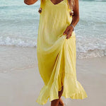 Margovil V Neck Ruffle Solid Cami Beach Dress