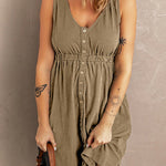Margovil V Neck Button Down Sleeveless Waisted Dress