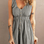 V Neck Button Down Sleeveless Waisted Dress