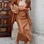Margovil Casual Ruched Side Split Leather Skirt