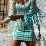 Margovil Tassel Long Sleeve Tie Dye Bodycon Dress