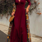 Margovil Wrap V Neck Long Sleeve Waisted Swing Dress