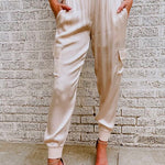 Margovil Fashion Style High Waist Satin Pants with Pockets