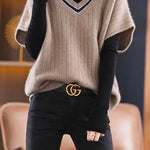 margovil V Neck Short Sleeve Color Block Sweater
