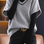 margovil V Neck Short Sleeve Color Block Sweater