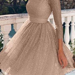 Margovil Stylish Crewneck Long Sleeve Mesh Splice Swing Dress