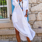 Margovil Buttons Side Split Cotton Linen Shirt Dress with Pockets