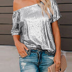 Margovil Off Shoulder Short Sleeve Sequin T-shirt