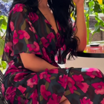 Retro V-neck trumpet sleeve printed dress