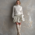 Women's Elegant White Knitted Turtleneck Long-sleeved Top Paired With A Woven Flared Short Skirt