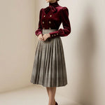 Long Sleeves Puff Sleeves Bow-Embellished Buttoned Contrast Color Pleated Split-Joint High Neck Blouses&Shirts Tops