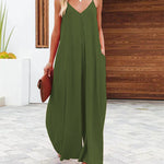 Summer Solid Color V Neck Suspenders Wrapped Wide Leg Long Rompers Pant Jumpsuits